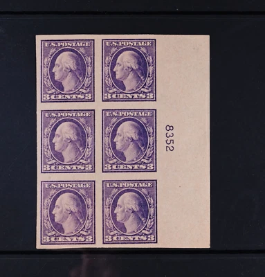 USA Scott # 484 Plate Block of 6 VF OG Hinged 3c Washington US Stamps Cat $95 - Image 1 of 2