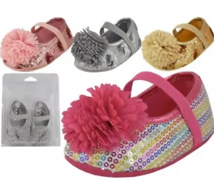 Baby Toddler Sequin Shoes with Bow Pink Silver Gold Rainbow Sizes 2-5 New - Picture 1 of 17