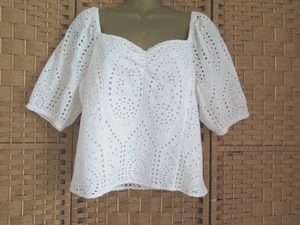 WOMEN'S H & M WHITE COTTON BRODERIE ANGLAISE BOHO BOHEMIAN TOP size 12 - Picture 1 of 5