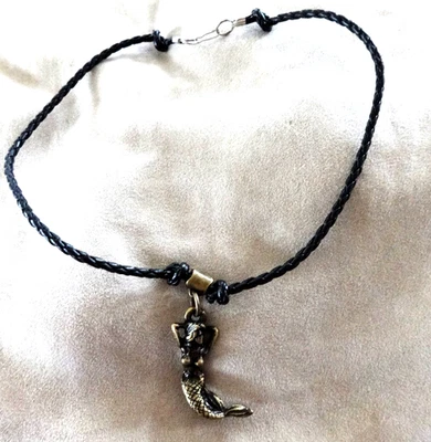 BRASS MERMAID NECKLACE PENDANT CHARM BRAIDED LEATHER OCEAN BEACH CHOKER COLLAR - Image 1 of 4