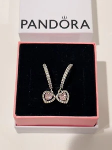 PANDORA 925 ALE Pink Sparkling Halo Heart Hoop Earrings w/ Box - Picture 1 of 4