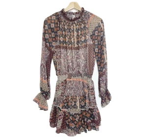Neu mit Etikett Fate gesmoktes Paisley Rüschen Minikleid lange Ärmel braun Gr. S - Bild 1 von 17