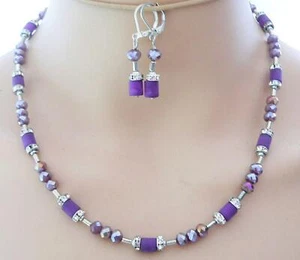 Halskette Ohrringe Perlen Walzen Lila Glas Rondelle facettiert Strass 138. - Bild 1 von 10