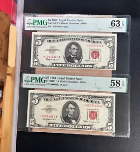 Lot (2) Consecutive Fr. 1536* 1963 $5 Legal Tender *STAR* PMG 58 EPQ & 63 EPQ - Picture 1 of 5