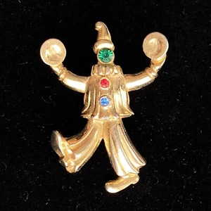 Vintage Clown Cymbals Rhinestones JJ Jonette Jewelry Gold Tone Pin Lapel Pinback - Picture 1 of 8