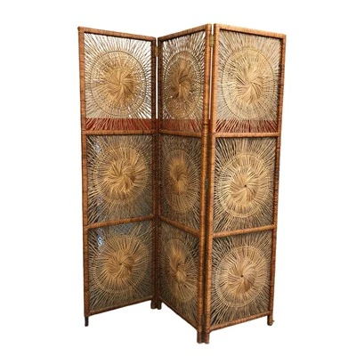 70s Vintage Mid Century Wicker Sunburst 3 Panel Room Divider Screen Boho Cottage - Image 1 of 4