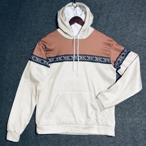 Hoodie Sweatshirt Herren XL creme weiß rosa Aztekenbesatz Pullover Kängurutasche - Bild 1 von 9
