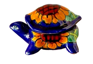 Talavera Turtle Trinket Box Sunflower Blue Mexico Pottery Jewelry Table Accent - Picture 1 of 9