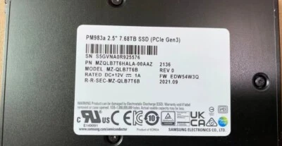 Samsung 7.68TB PM983a SSD NVMe U.2 PCIe 3.0 x4 MZ-QLB7T6B MZQLB7T6HALA-00AZ - Image 1 of 2