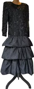 80er Neiman Marcus Medium Stufen Taft Cocktailkleid schwarz Spitze Band Pailletten - Bild 1 von 17