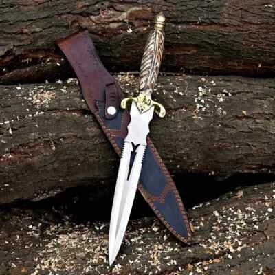 Идеальный классический королевский кинжал ручной работы в форме копья с гравированным кожаным чехлом - Изображение 1 из 4