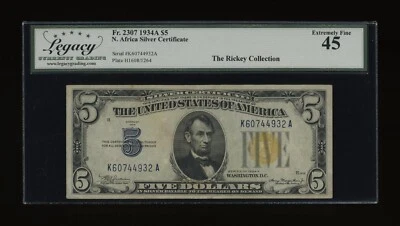 DBR 1934-A $5 North Africa Silver Fr. 2307 Legacy 45 Serial K60744932A - Image 1 of 2