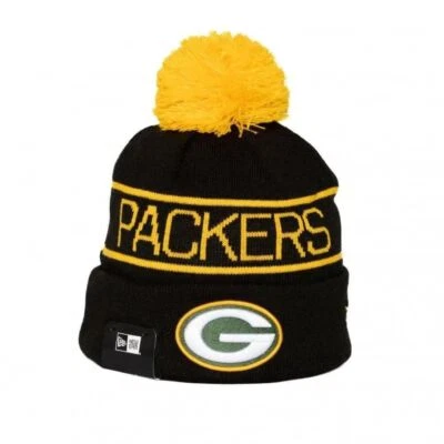 New Era Green Bay Packers with the Storm III Beanie Knit Pom Hat Black Unisex