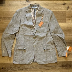 Tallia Men’s 44L 100% Linen Tallia Taupe Cream Check Suit Jacket Blazer - Picture 1 of 7