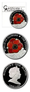 Cook Islands World of Flowers Poppy in Cloisonné $5 2009 Proof Silver Crown COA - Picture 1 of 1