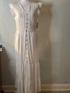 NWT Sonoma Maxi Dress Tiered Ruffle Sleeve Front Button Pockets Smoked Waist S M - Picture 1 of 11