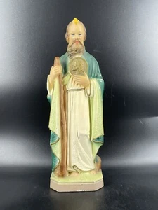 Vintage / Antique chalkware Saint Jude Statue Green Blue Eyes - Picture 1 of 15