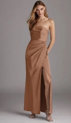 Vestido de satén elástico Azazie Lexie en bronceador talla 12 sin tirantes dama de honor otoño Foto 1 de 4