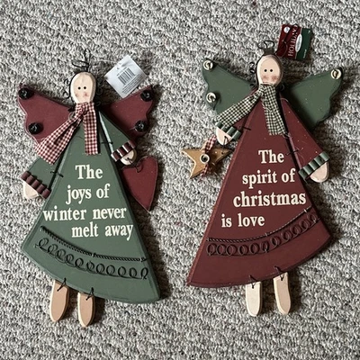 Two Vintage Handcrafted Style Folk Art  Wooden Angels Christmas Wall Hanging - Image 1 of 4