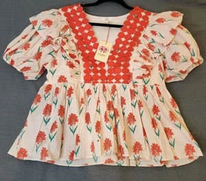 ENTRO Floral Poppy Ruffle Puff Sleeve Top Peach Orange Women’s SIZE LARGE NWT - Picture 1 of 9