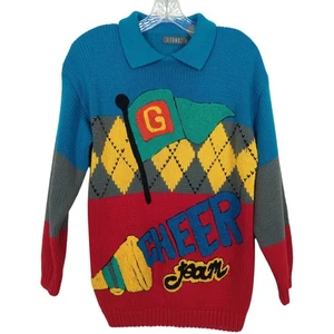 Vintage Gitano Knits Colorful Argyle Sweater size L Cheer Team with Collar 90's - Picture 1 of 13