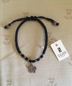 Adjustable ‘SILVER’ Floral Noir Bracelet with Silver Flower (NEW) - Picture 1 of 3