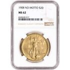 US Gold $20 Saint-Gaudens Double Eagle - NGC MS62 - 1908 No Motto