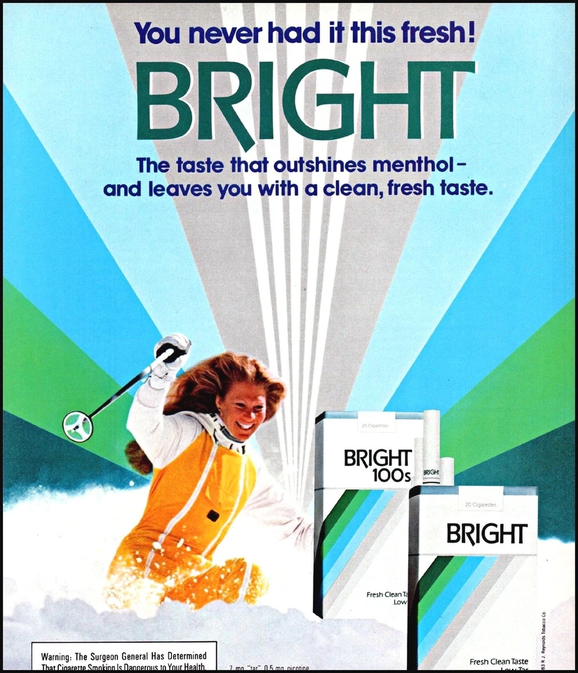 1984 Bright menthol cigarettes Snow Skiing Woman vintage photo Print Ad ads14 - Image 1 of 1