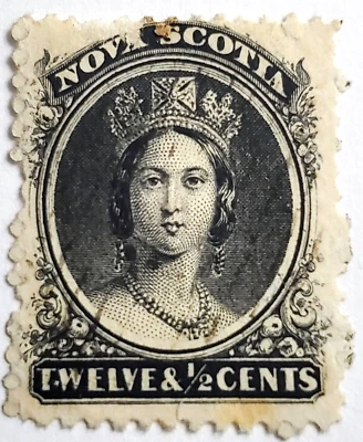 CANADA 1860 NOVA SCOTIA 12 1/5 CENTS QUEEN VICTORIA SCOTT #13 BLACK USED F/VF - Image 1 of 2