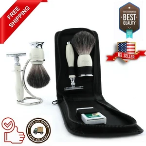 Luxury Travel Traditional Wet Shaving Kit Safety Razor & Synthetic Badger Brush - Picture 1 of 3