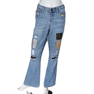 Stivali svasati CACHE invecchiati boho hippie patch jeans taglia 10 * - Foto 1 di 8