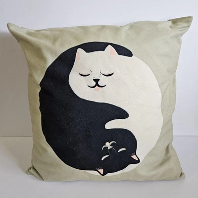 Yin Yang Black/White Cat, Soft Green Background Squishy Soft Throw Pillow - Image 1 of 4