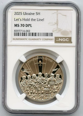 Ucrania 2025 ¡Mantengamos la línea! 5 Hryvnia Coin War NGC MS70 DPL - JR171 Foto 1 de 2