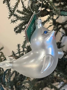 Adorno De Carlini sello blanco con brillo vidrio soplado Italia etiqueta Lord & Taylor - Imagen 1 de 6