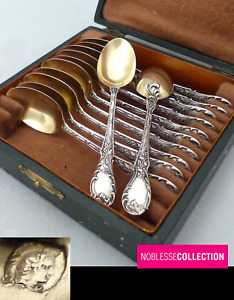 ANTIQUE 1880s FRENCH STERLING/SOLID SILVER & GOLD VERMEIL COFFEE SPOONS SET 12pc