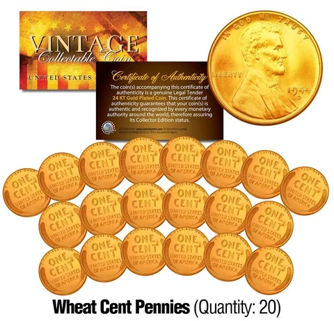 Lincoln Head 1940's/50's WHEAT Cent Penny US Coins 24K GOLD PLATED (*Lot of 20*) Cover