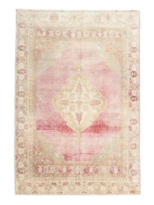 Vintage Rare Turkish Tribal Wool Area Rug 4.7x6.10 ft Hand Knotted Oushak Carpet - Image 1 of 4