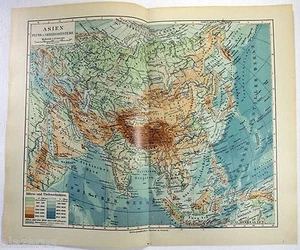 Asia - Original 1924 Physical Map by Meyers. Vintage German Language Map - Picture 1 of 3