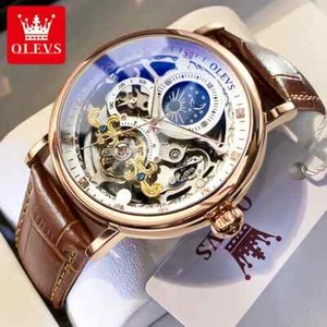 Reloj mecánico automático doble tiempo volante oro rosa esfera blanca marrón para hombre - Imagen 1 de 6