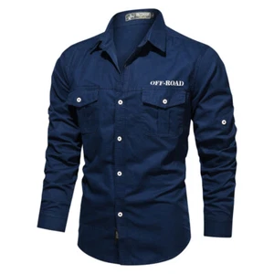 Mens Military Shirts Clothes Long Sleeve Pockets Army Cotton Casual Shirts Tops - Picture 1 of 19
