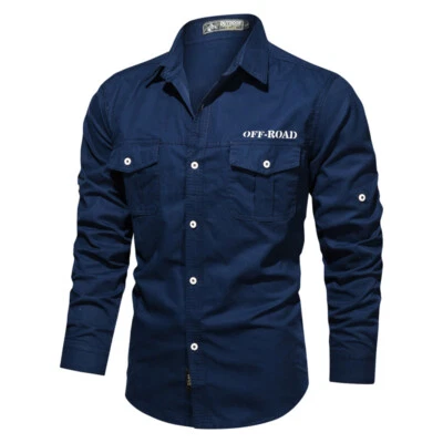 Mens Military Shirts Clothes Long Sleeve Pockets Army Cotton Casual Shirts Tops - Image 1 of 4