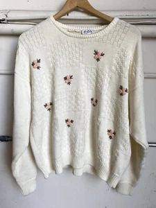 Vintage 1980s Tan F Jay Floral Cream Rose Flower Knit Sweater  - Bild 1 von 8