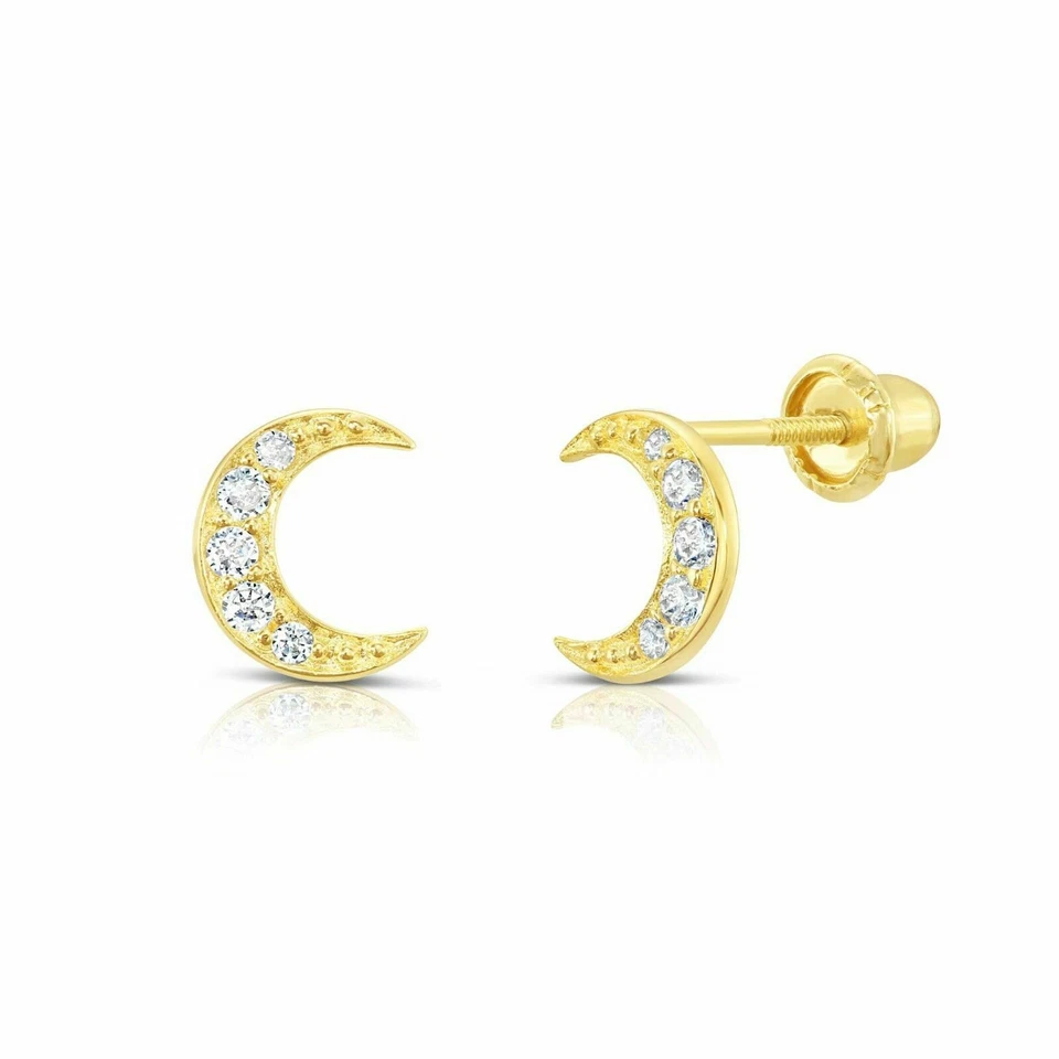 10K 真纯黄金新月 CZ 睡眠耳钉耳环螺丝背 — 第 1/4 张图片