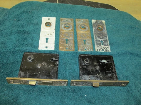 Antique Brass Eastlake Door Hardware, 4 Knob Plates, 2 Latches, All Matching Cover