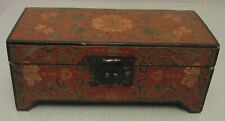 Antique Chinese Red Lacquer Wood Box hand painted floral hinged footed casket 8"