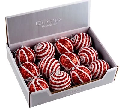 Christmas Tree Sequin Glitter Swirl Baubles Decorations - Red White - Set of 12 - Image 1 of 4