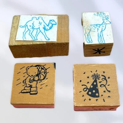 Lote De Colección De 4 Varias Estampillas De Goma Montadas En Madera Camel Reno Sombrero De Cumpleaños Foto 1 de 3