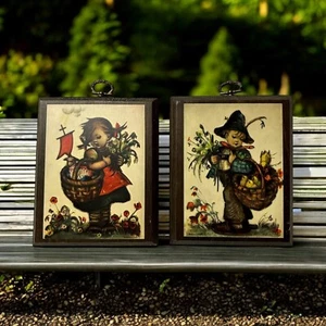 Vintage Hummel Wooden Picture Drawing Set of 2 Boy Girl Picking Flowers - Picture 1 of 3