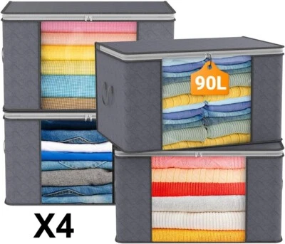 4x Clothes Storage Bags With Zips Bedroom Large Collapsible Storage Box Bedding - Image 1 of 4