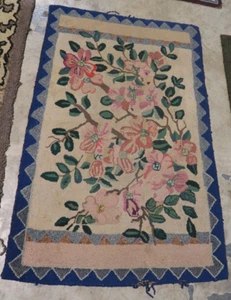 Primitive Vintage American Hand Hooked Rug Wool on Burlap 30" x 47" Art Deco - Foto 1 di 1
